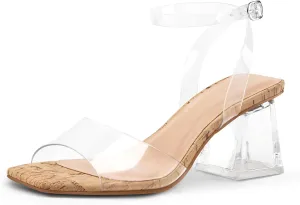 mysoft Women's Clear Heels Low Chunky Heel Open Toe Transparent Zebra Rhinestones Block Heeled Sandals Ankle Strap Shoes