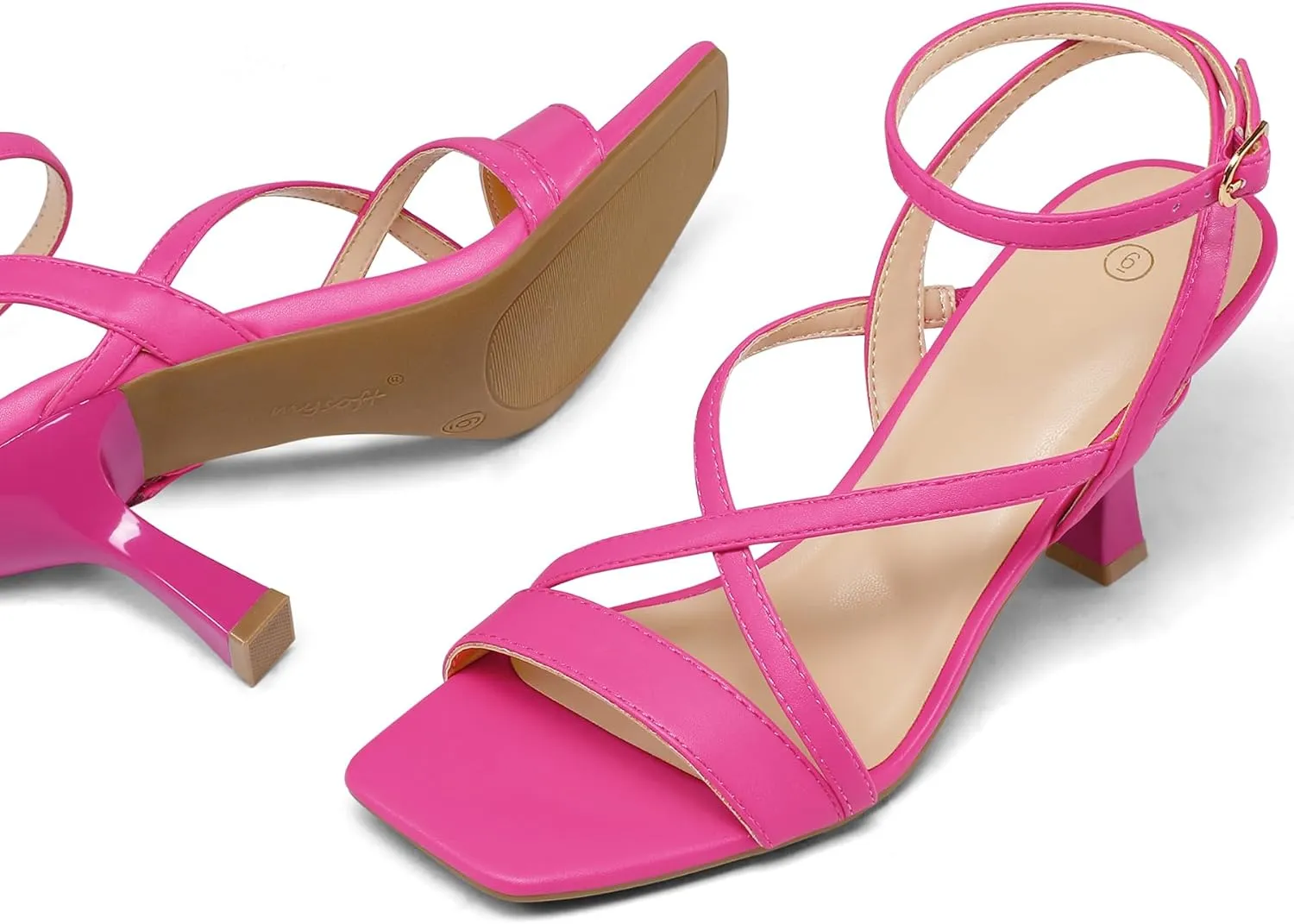 mysoft Women's Strappy Stiletto Heels Open Square Toe Ankle Strap Dress Shoes 3 Inch Kitten Heeled Sandals