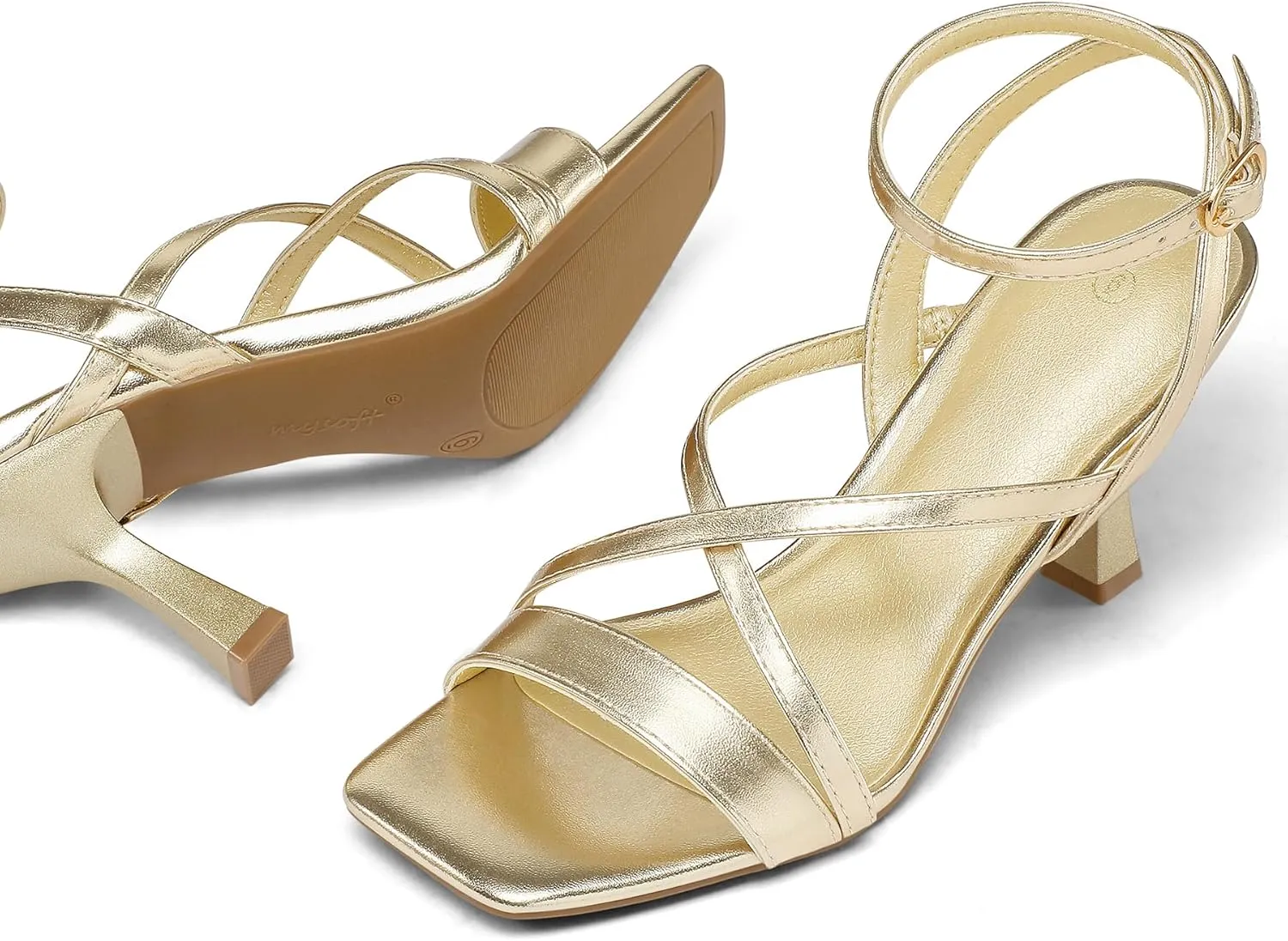 mysoft Women's Strappy Stiletto Heels Open Square Toe Ankle Strap Dress Shoes 3 Inch Kitten Heeled Sandals