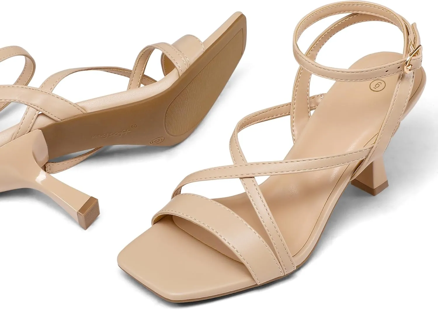 mysoft Women's Strappy Stiletto Heels Open Square Toe Ankle Strap Dress Shoes 3 Inch Kitten Heeled Sandals