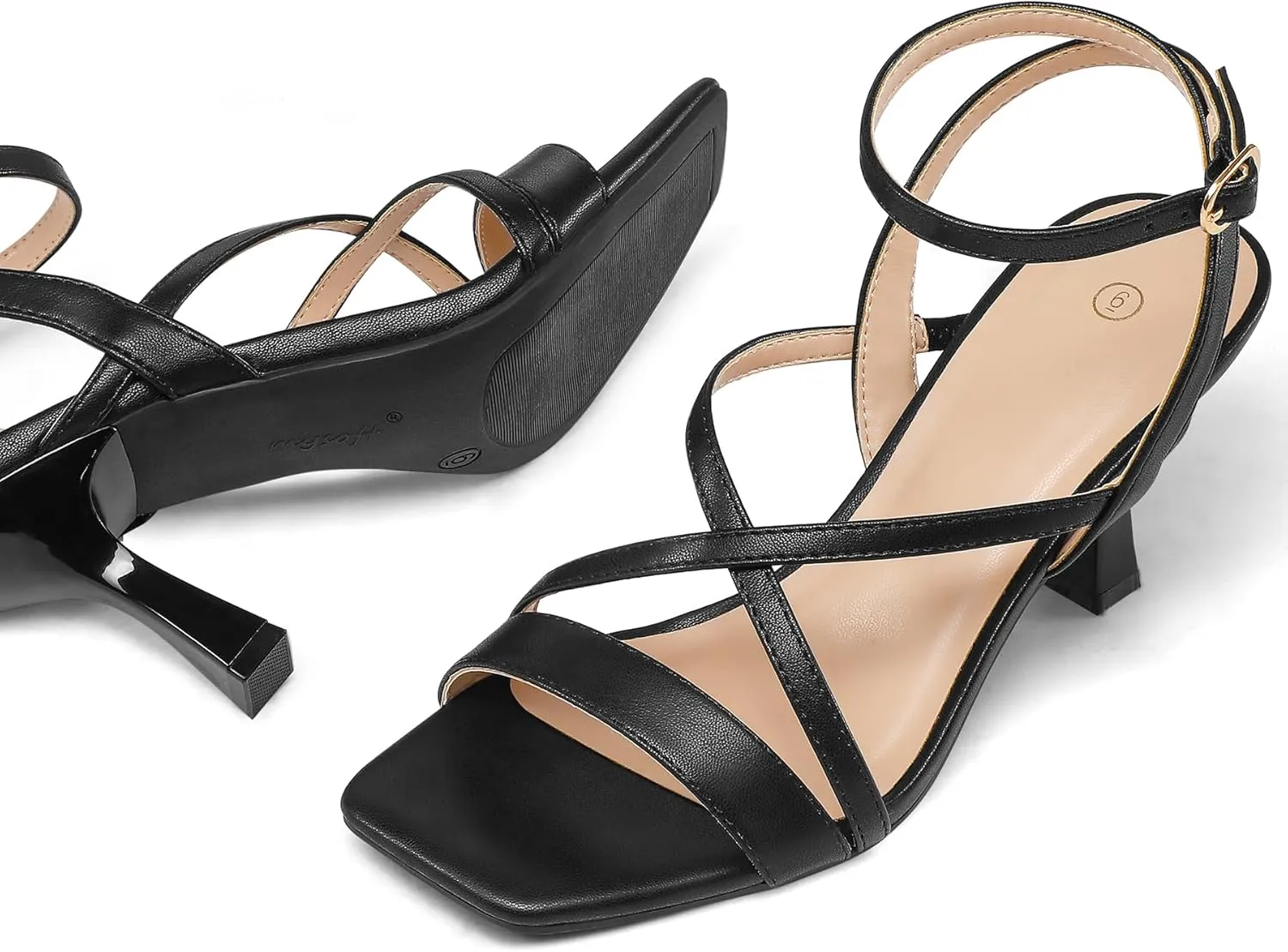 mysoft Women's Strappy Stiletto Heels Open Square Toe Ankle Strap Dress Shoes 3 Inch Kitten Heeled Sandals