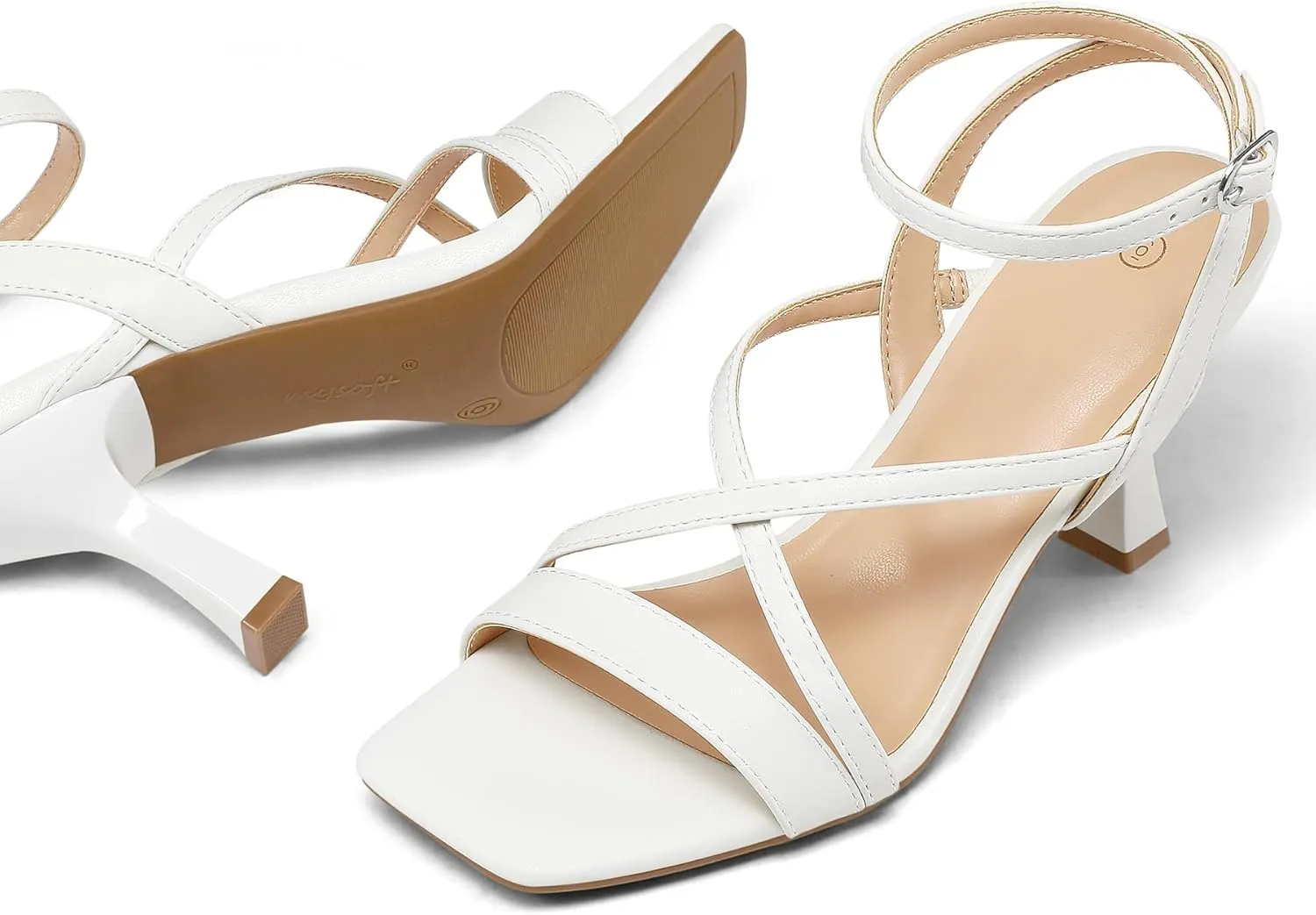 mysoft Women's Strappy Stiletto Heels Open Square Toe Ankle Strap Dress Shoes 3 Inch Kitten Heeled Sandals