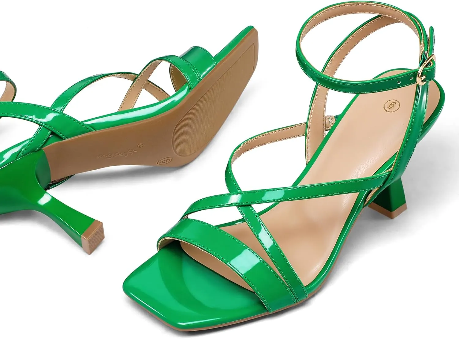 mysoft Women's Strappy Stiletto Heels Open Square Toe Ankle Strap Dress Shoes 3 Inch Kitten Heeled Sandals