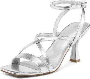 mysoft Women's Strappy Stiletto Heels Open Square Toe Ankle Strap Dress Shoes 3 Inch Kitten Heeled Sandals