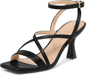 mysoft Women's Strappy Stiletto Heels Open Square Toe Ankle Strap Dress Shoes 3 Inch Kitten Heeled Sandals