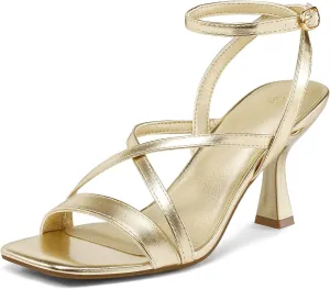 mysoft Women's Strappy Stiletto Heels Open Square Toe Ankle Strap Dress Shoes 3 Inch Kitten Heeled Sandals