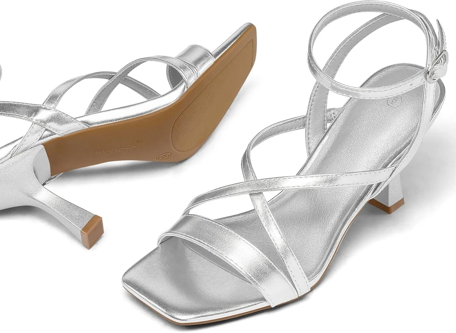 mysoft Women's Strappy Stiletto Heels Open Square Toe Ankle Strap Dress Shoes 3 Inch Kitten Heeled Sandals