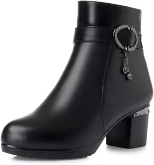 Niiyyjj Womens Genuine Leather Ankle Boots Big Size Warm Booties Square Heel Short Boots With Zip Closure