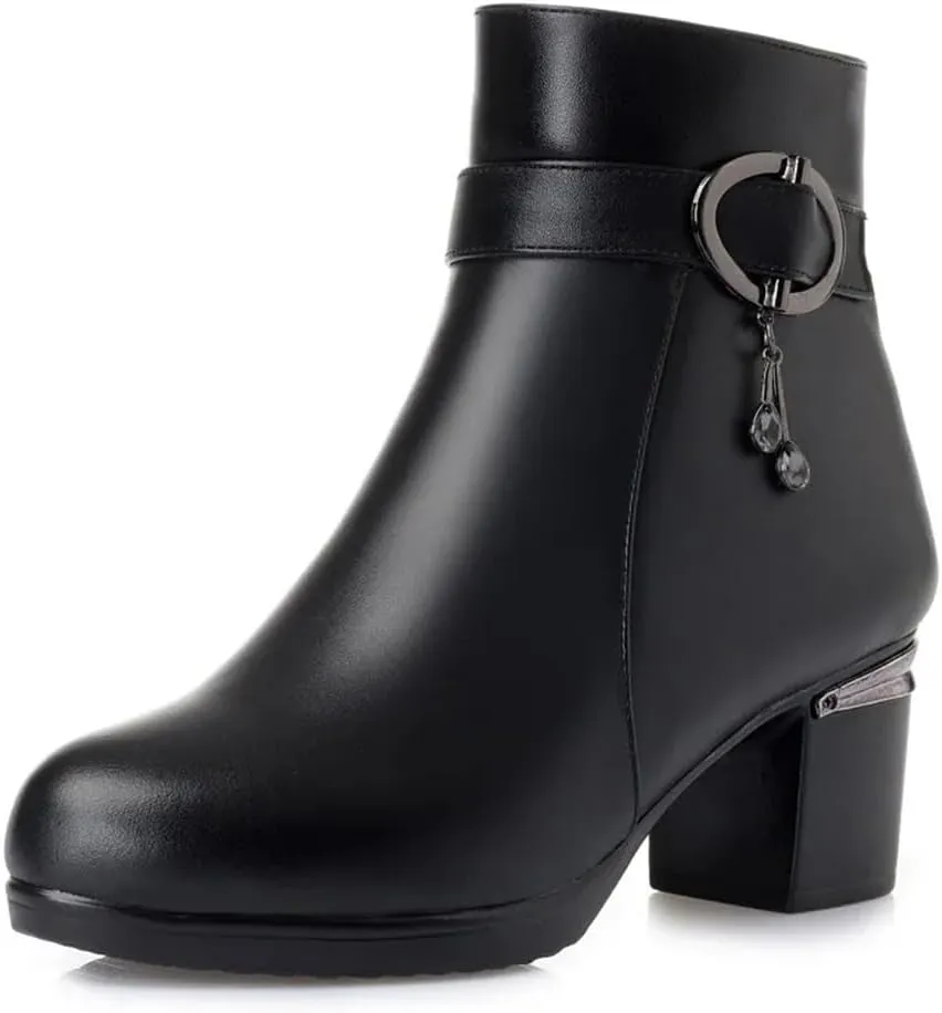 Niiyyjj Womens Genuine Leather Ankle Boots Big Size Warm Booties Square Heel Short Boots With Zip Closure