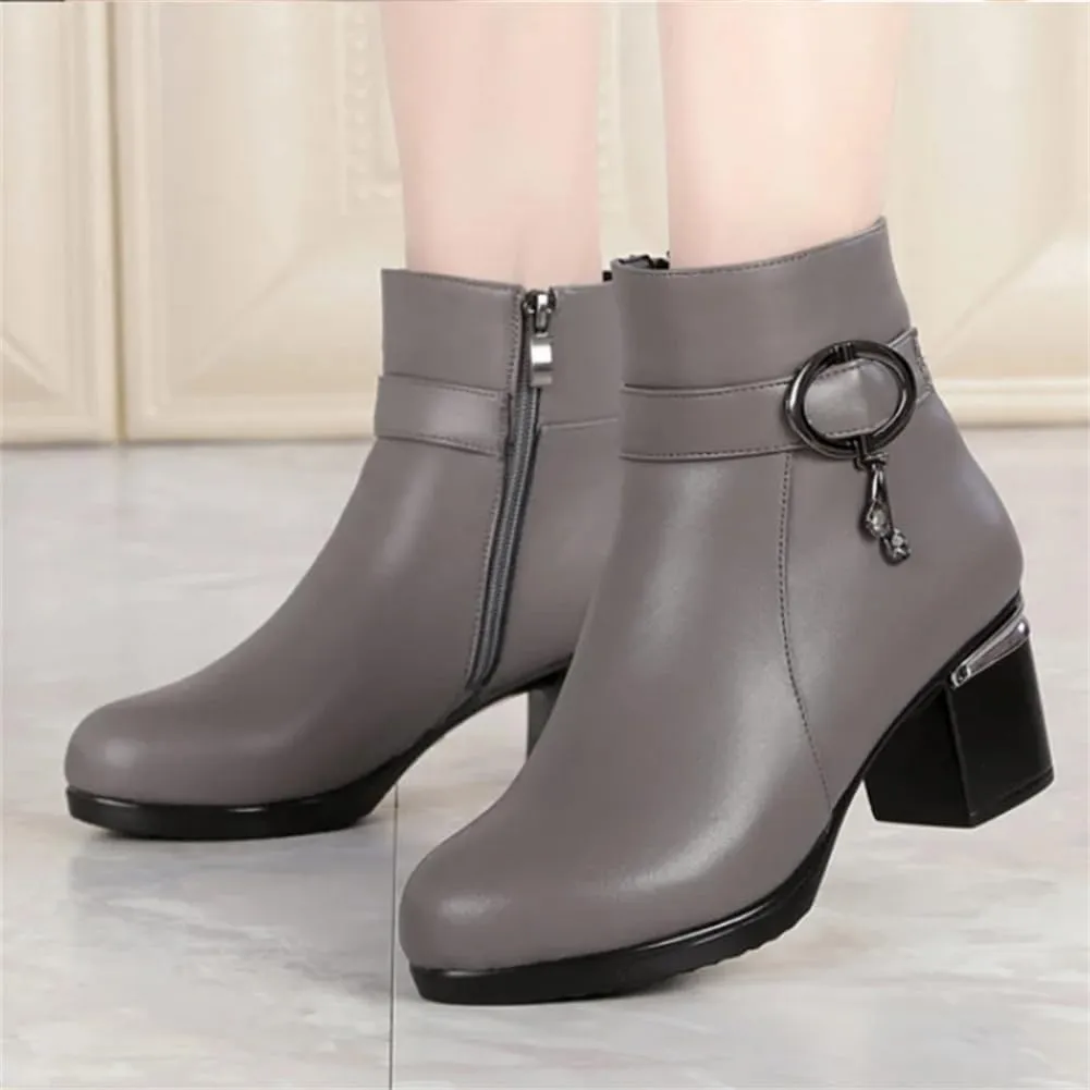 Niiyyjj Womens Genuine Leather Ankle Boots Big Size Warm Booties Square Heel Short Boots With Zip Closure