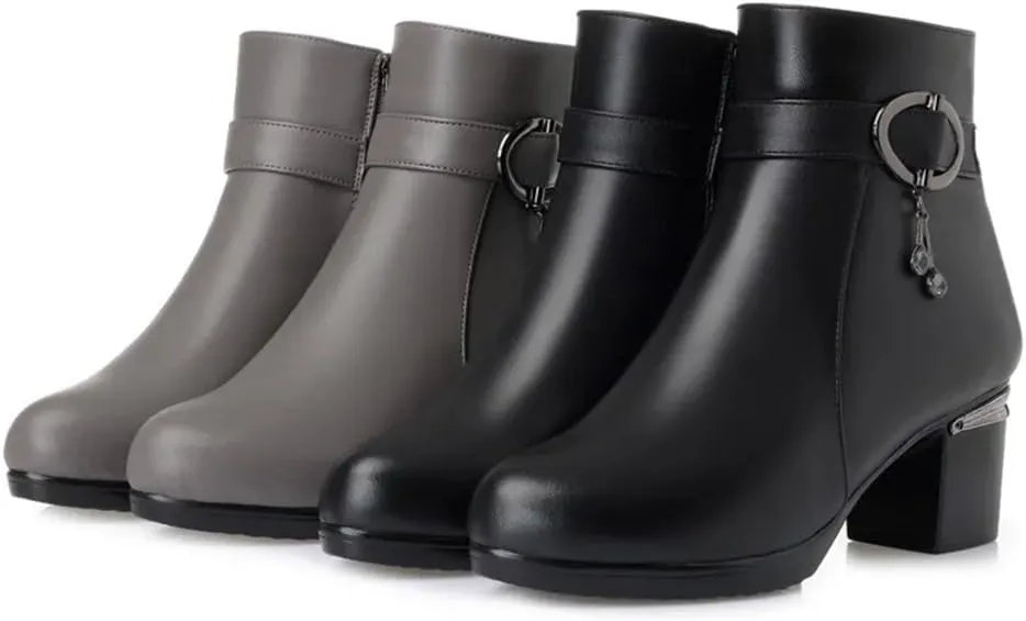 Niiyyjj Womens Genuine Leather Ankle Boots Big Size Warm Booties Square Heel Short Boots With Zip Closure