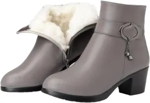 Niiyyjj Womens Genuine Leather Ankle Boots Big Size Warm Booties Square Heel Short Boots With Zip Closure