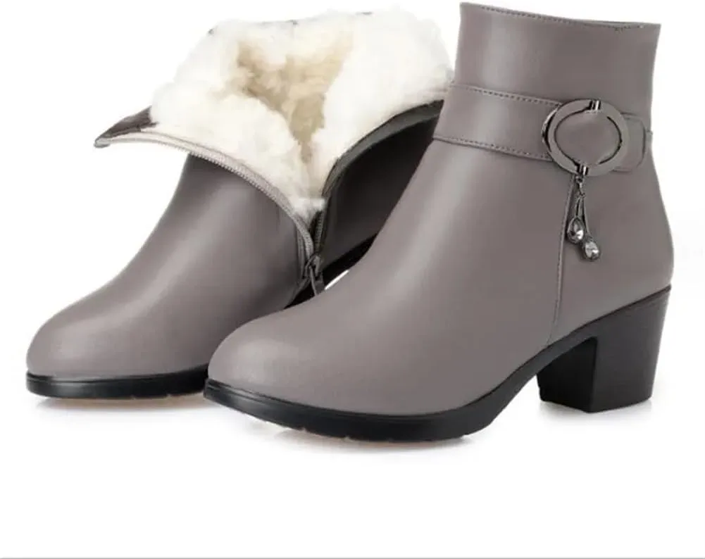 Niiyyjj Womens Genuine Leather Ankle Boots Big Size Warm Booties Square Heel Short Boots With Zip Closure