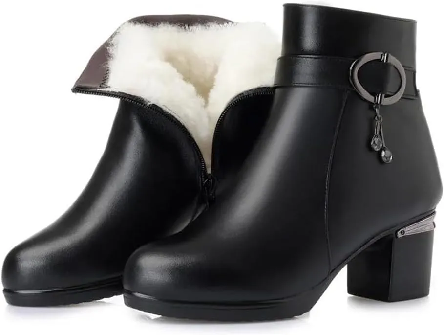 Niiyyjj Womens Genuine Leather Ankle Boots Big Size Warm Booties Square Heel Short Boots With Zip Closure