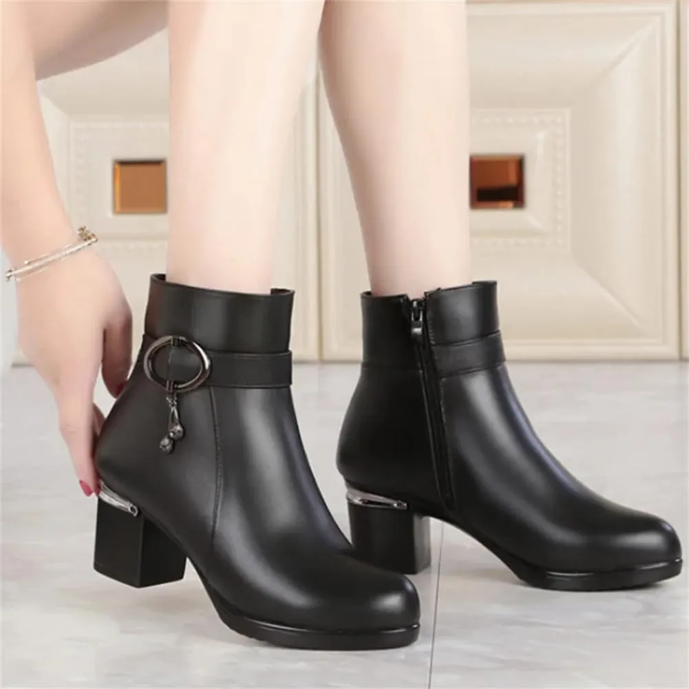 Niiyyjj Womens Genuine Leather Ankle Boots Big Size Warm Booties Square Heel Short Boots With Zip Closure