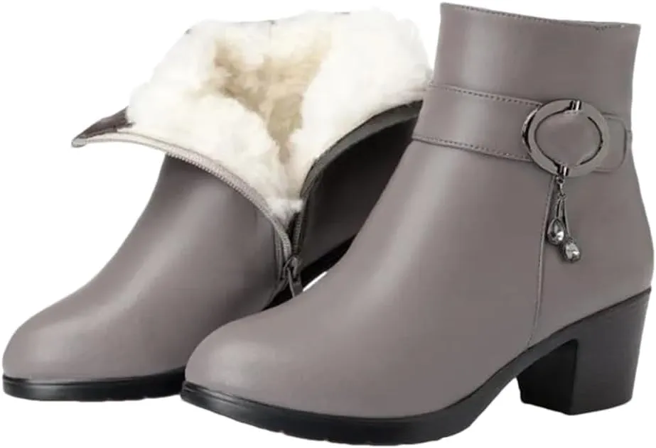 Niiyyjj Womens Genuine Leather Ankle Boots Big Size Warm Booties Square Heel Short Boots With Zip Closure