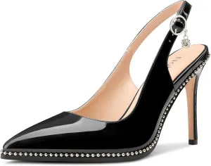 NobleOnly Slingback Beaded Pumps for Women High Stiletto Heel Pointed Toe Slip-on Dress Sandals Adjustable Buckle Rhinestone Patent Leather 3.9 Inches Heels