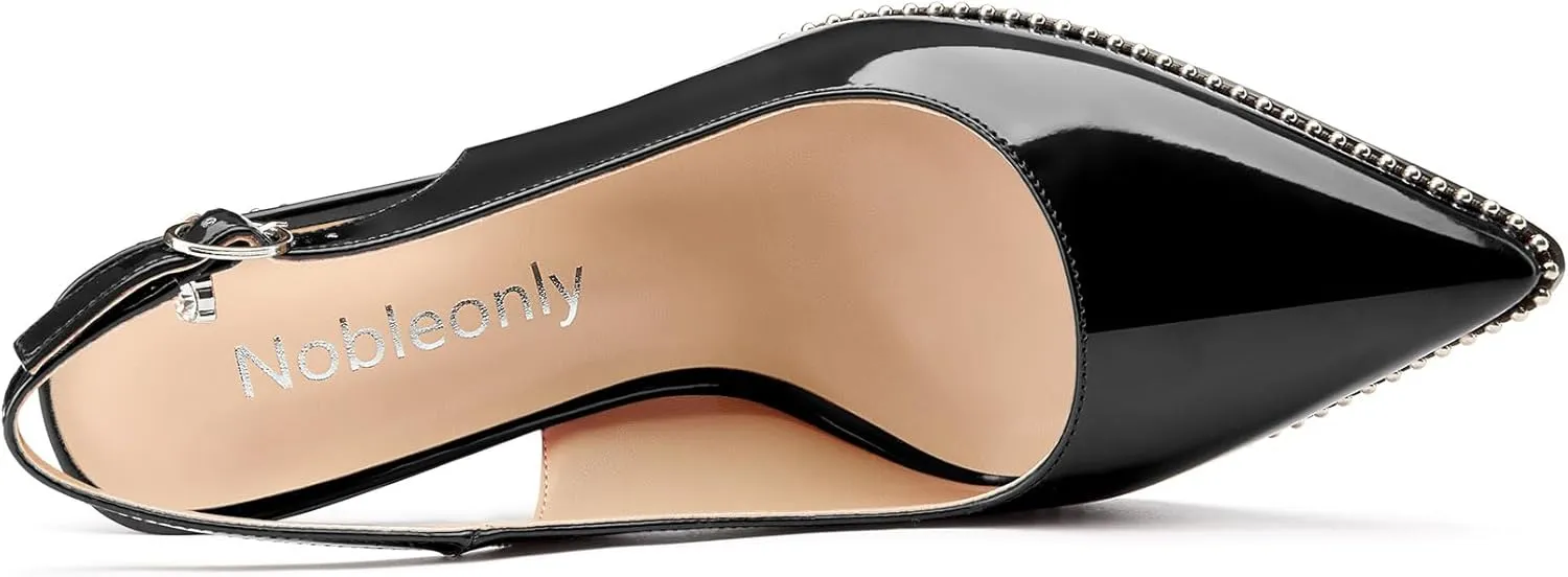 NobleOnly Slingback Beaded Pumps for Women High Stiletto Heel Pointed Toe Slip-on Dress Sandals Adjustable Buckle Rhinestone Patent Leather 3.9 Inches Heels