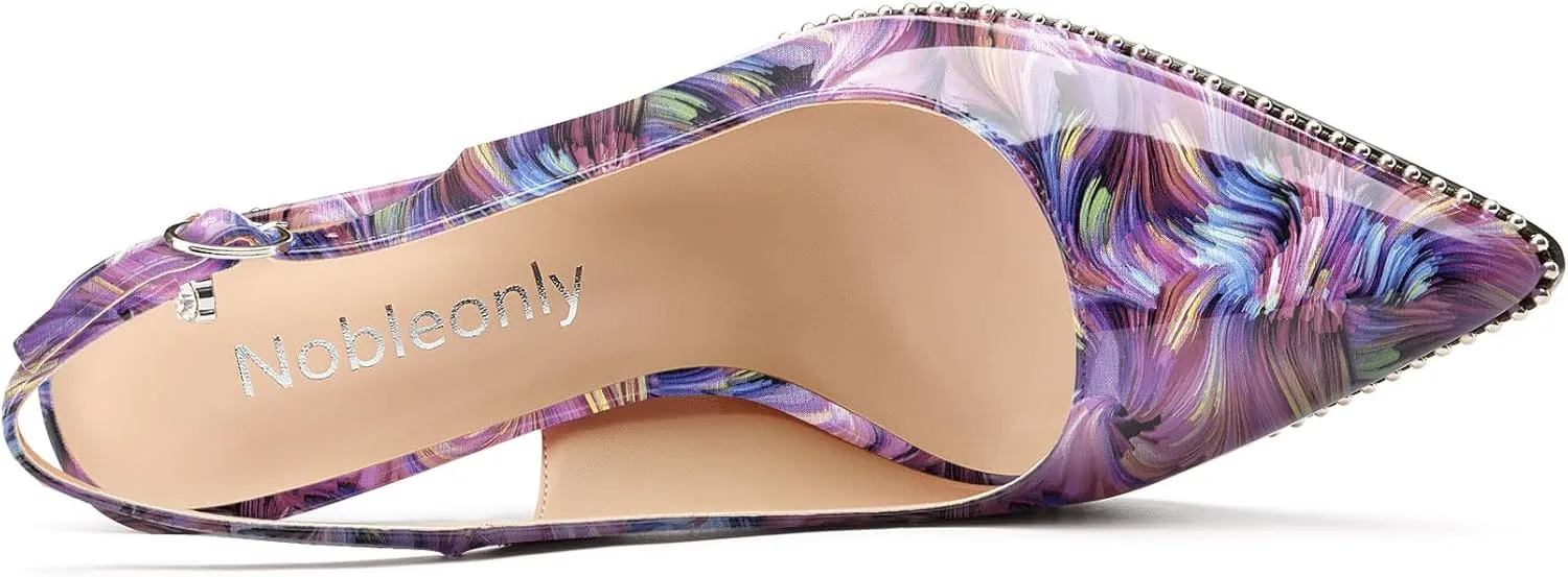 NobleOnly Slingback Beaded Pumps for Women High Stiletto Heel Pointed Toe Slip-on Dress Sandals Adjustable Buckle Rhinestone Patent Leather 3.9 Inches Heels