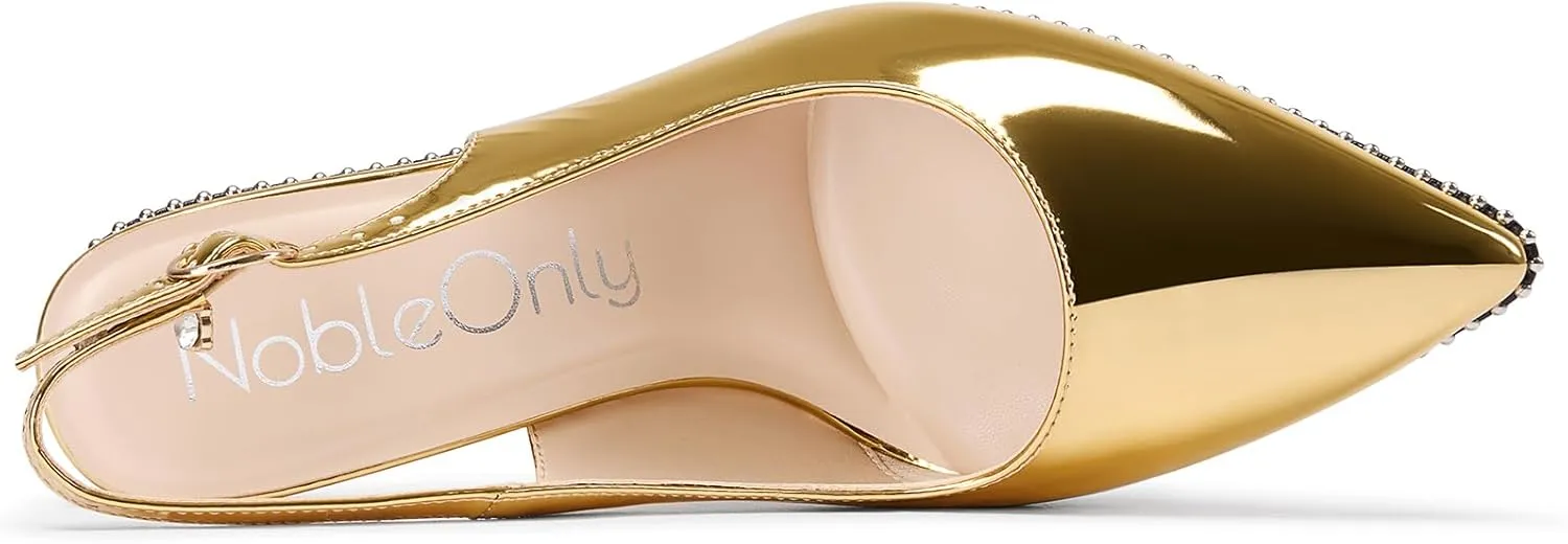 NobleOnly Slingback Beaded Pumps for Women High Stiletto Heel Pointed Toe Slip-on Dress Sandals Adjustable Buckle Rhinestone Patent Leather 3.9 Inches Heels