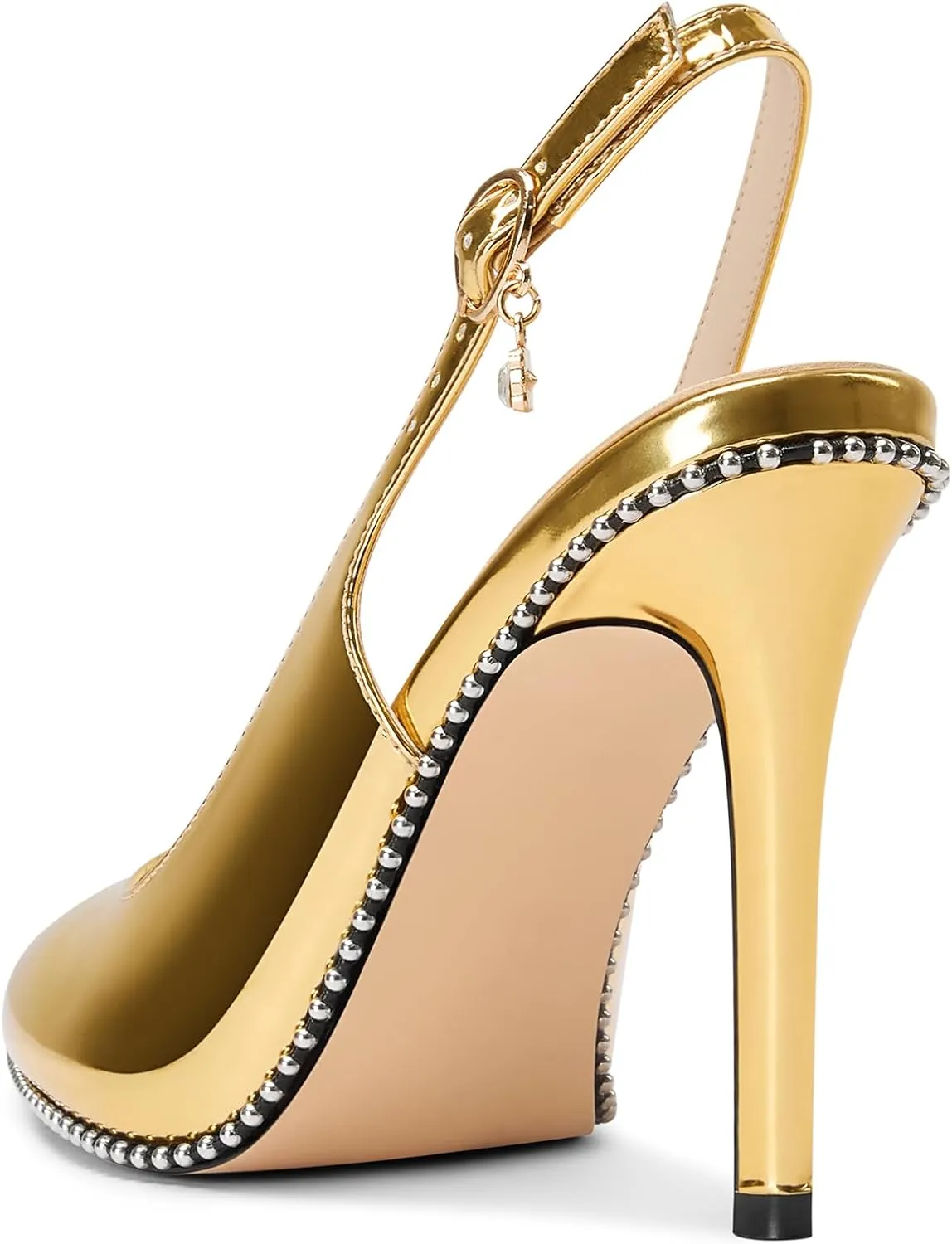 NobleOnly Slingback Beaded Pumps for Women High Stiletto Heel Pointed Toe Slip-on Dress Sandals Adjustable Buckle Rhinestone Patent Leather 3.9 Inches Heels