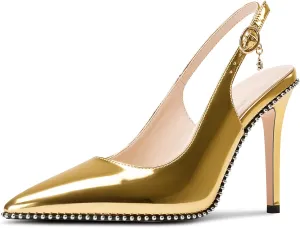 NobleOnly Slingback Beaded Pumps for Women High Stiletto Heel Pointed Toe Slip-on Dress Sandals Adjustable Buckle Rhinestone Patent Leather 3.9 Inches Heels