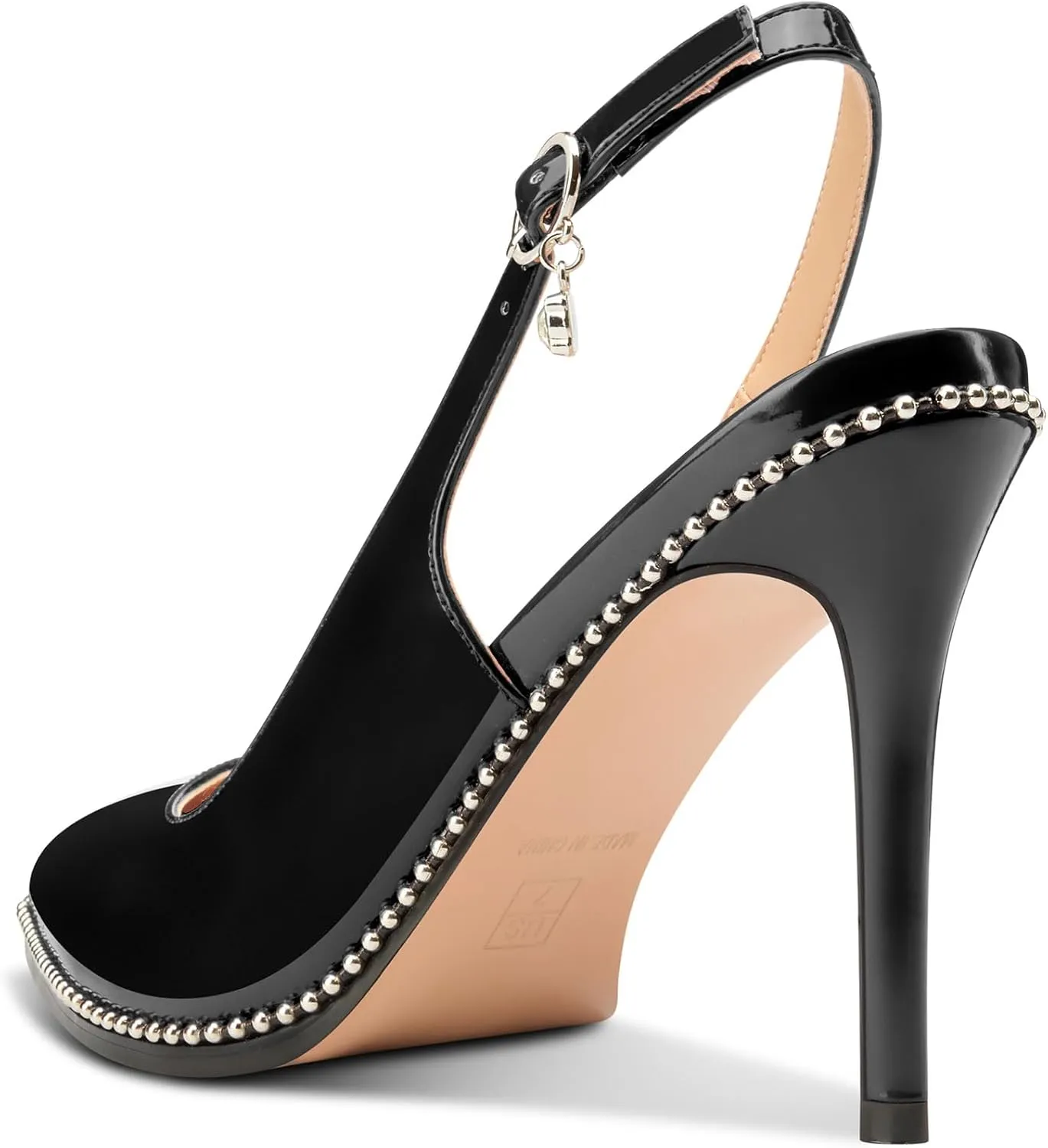 NobleOnly Slingback Beaded Pumps for Women High Stiletto Heel Pointed Toe Slip-on Dress Sandals Adjustable Buckle Rhinestone Patent Leather 3.9 Inches Heels