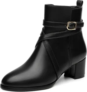 NUMALEO Womens Buckle Outdoor Suede Casual Round Toe Chunky Low Heel Ankle High Boots 2 Inch