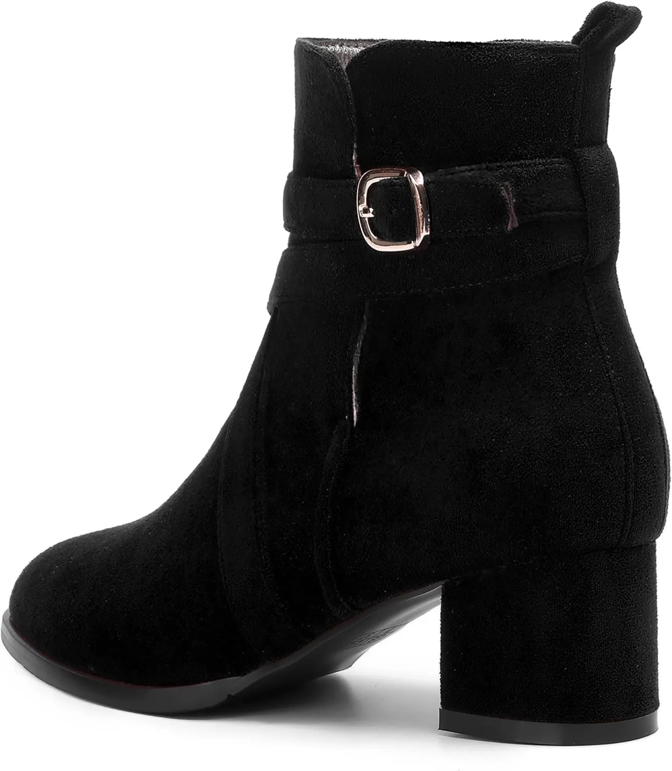NUMALEO Womens Buckle Outdoor Suede Casual Round Toe Chunky Low Heel Ankle High Boots 2 Inch