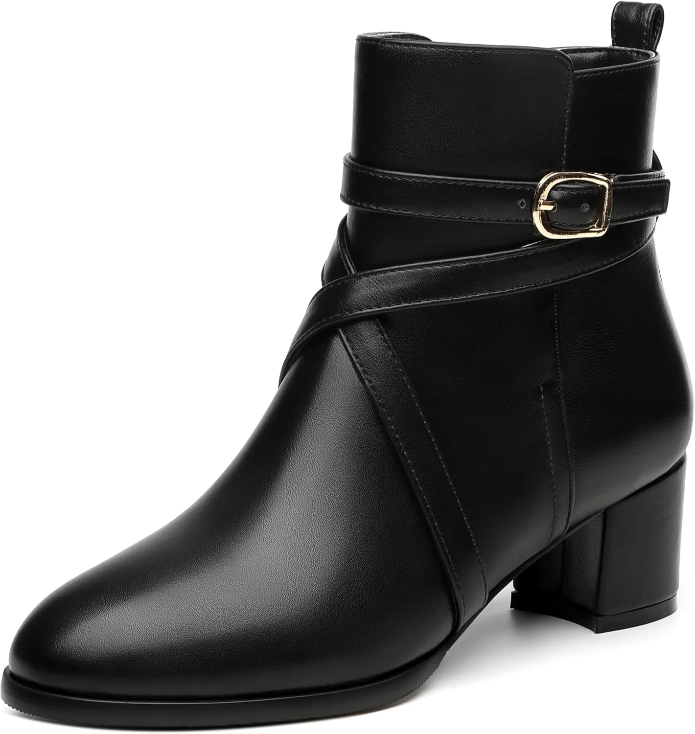 NUMALEO Womens Buckle Outdoor Suede Casual Round Toe Chunky Low Heel Ankle High Boots 2 Inch