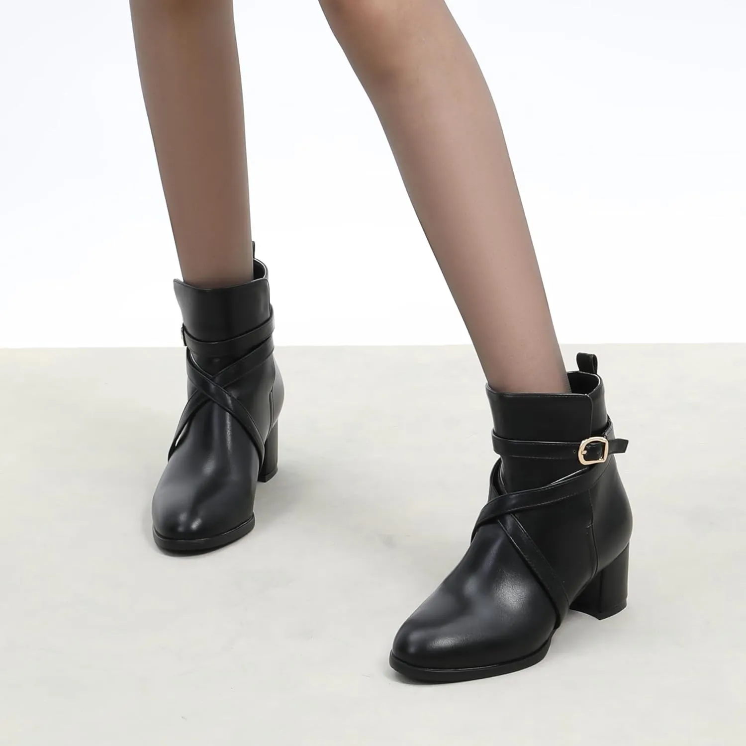 NUMALEO Womens Buckle Outdoor Suede Casual Round Toe Chunky Low Heel Ankle High Boots 2 Inch