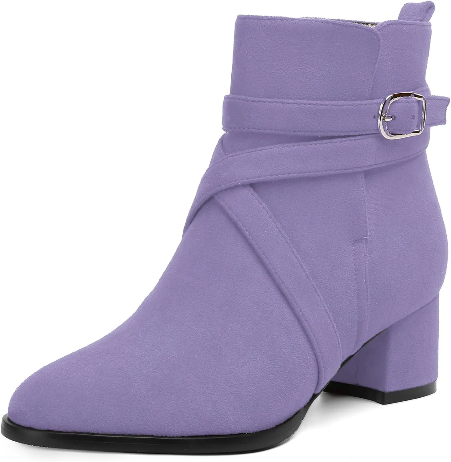 NUMALEO Womens Buckle Outdoor Suede Casual Round Toe Chunky Low Heel Ankle High Boots 2 Inch
