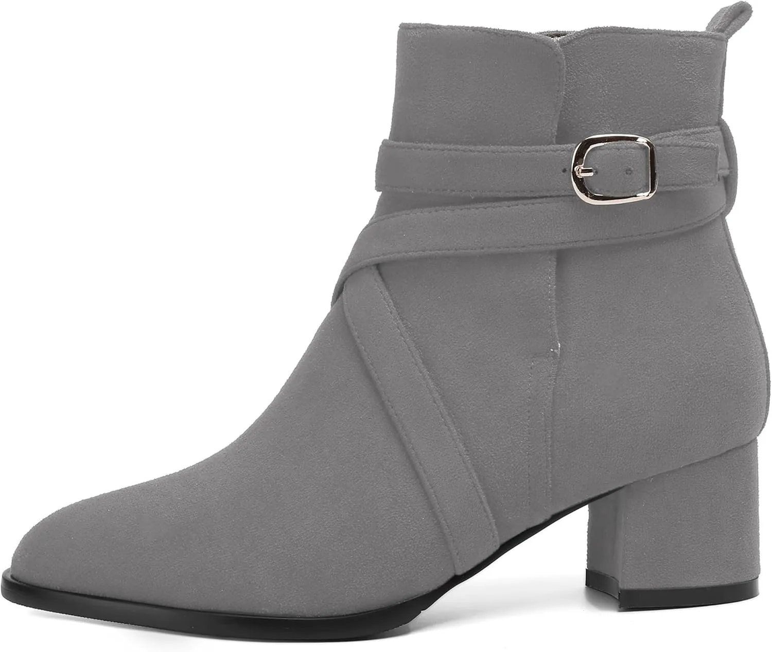 NUMALEO Womens Buckle Outdoor Suede Casual Round Toe Chunky Low Heel Ankle High Boots 2 Inch