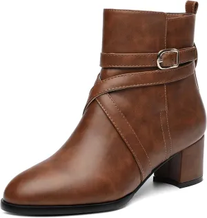 NUMALEO Womens Buckle Outdoor Suede Casual Round Toe Chunky Low Heel Ankle High Boots 2 Inch