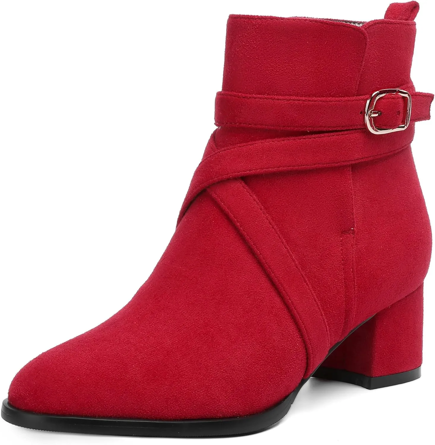 NUMALEO Womens Buckle Outdoor Suede Casual Round Toe Chunky Low Heel Ankle High Boots 2 Inch