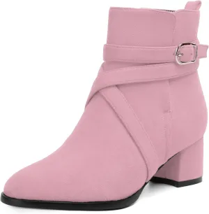 NUMALEO Womens Buckle Outdoor Suede Casual Round Toe Chunky Low Heel Ankle High Boots 2 Inch