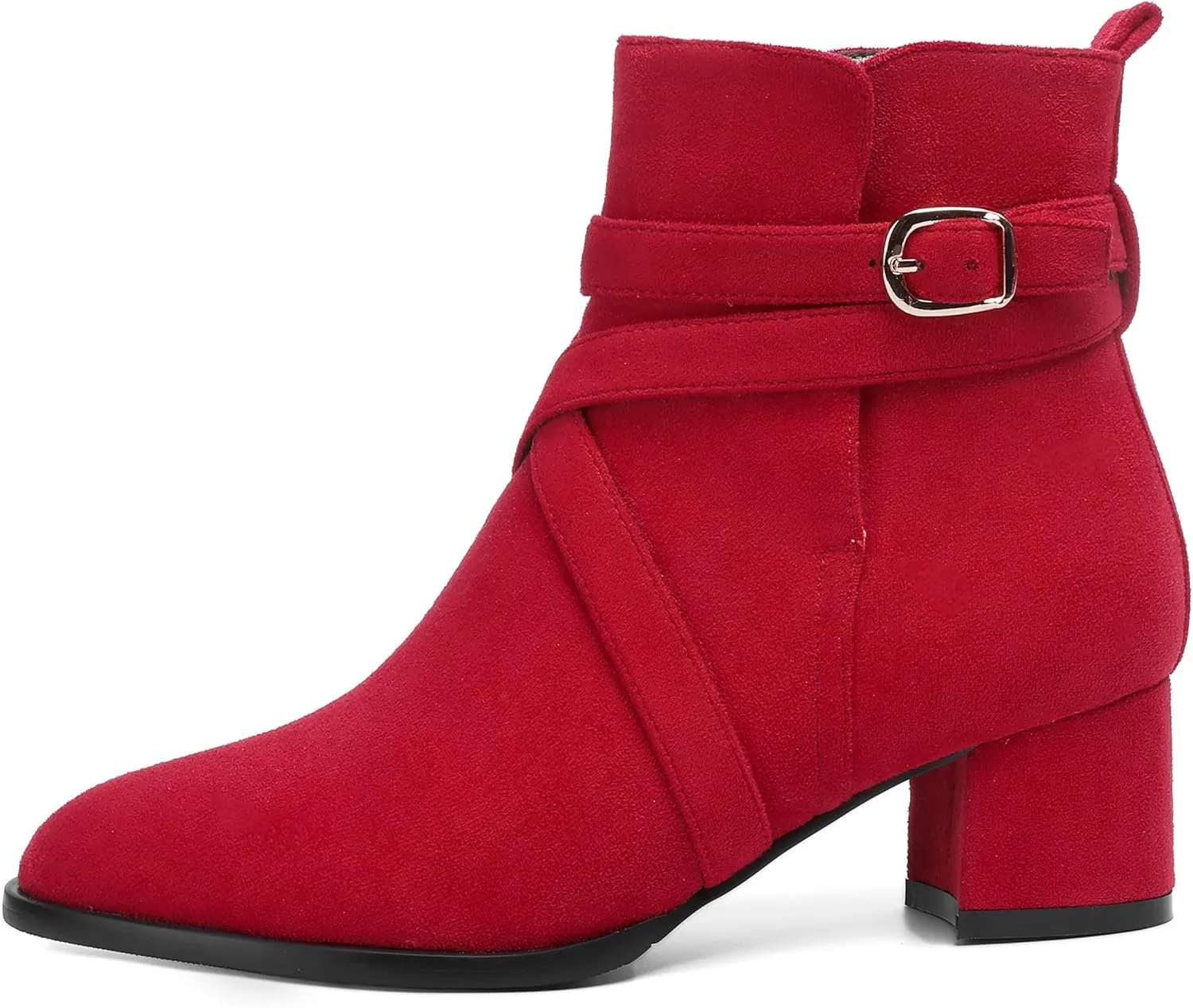 NUMALEO Womens Buckle Outdoor Suede Casual Round Toe Chunky Low Heel Ankle High Boots 2 Inch