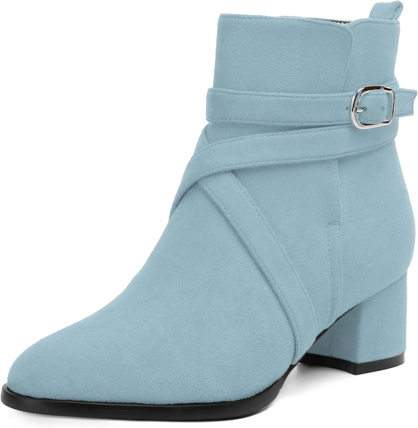 NUMALEO Womens Buckle Outdoor Suede Casual Round Toe Chunky Low Heel Ankle High Boots 2 Inch