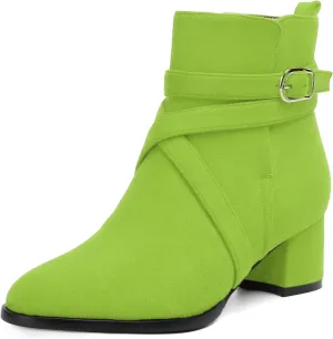 NUMALEO Womens Buckle Outdoor Suede Casual Round Toe Chunky Low Heel Ankle High Boots 2 Inch