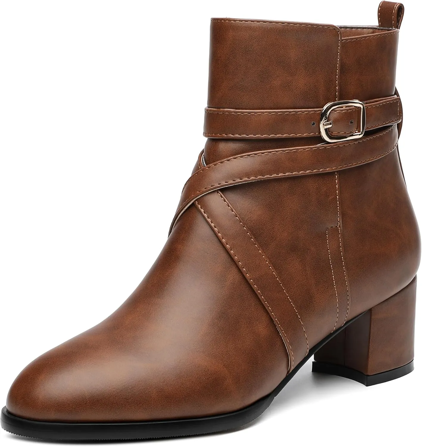 NUMALEO Womens Buckle Outdoor Suede Casual Round Toe Chunky Low Heel Ankle High Boots 2 Inch