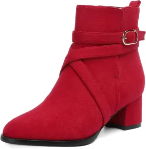 NUMALEO Womens Buckle Outdoor Suede Casual Round Toe Chunky Low Heel Ankle High Boots 2 Inch
