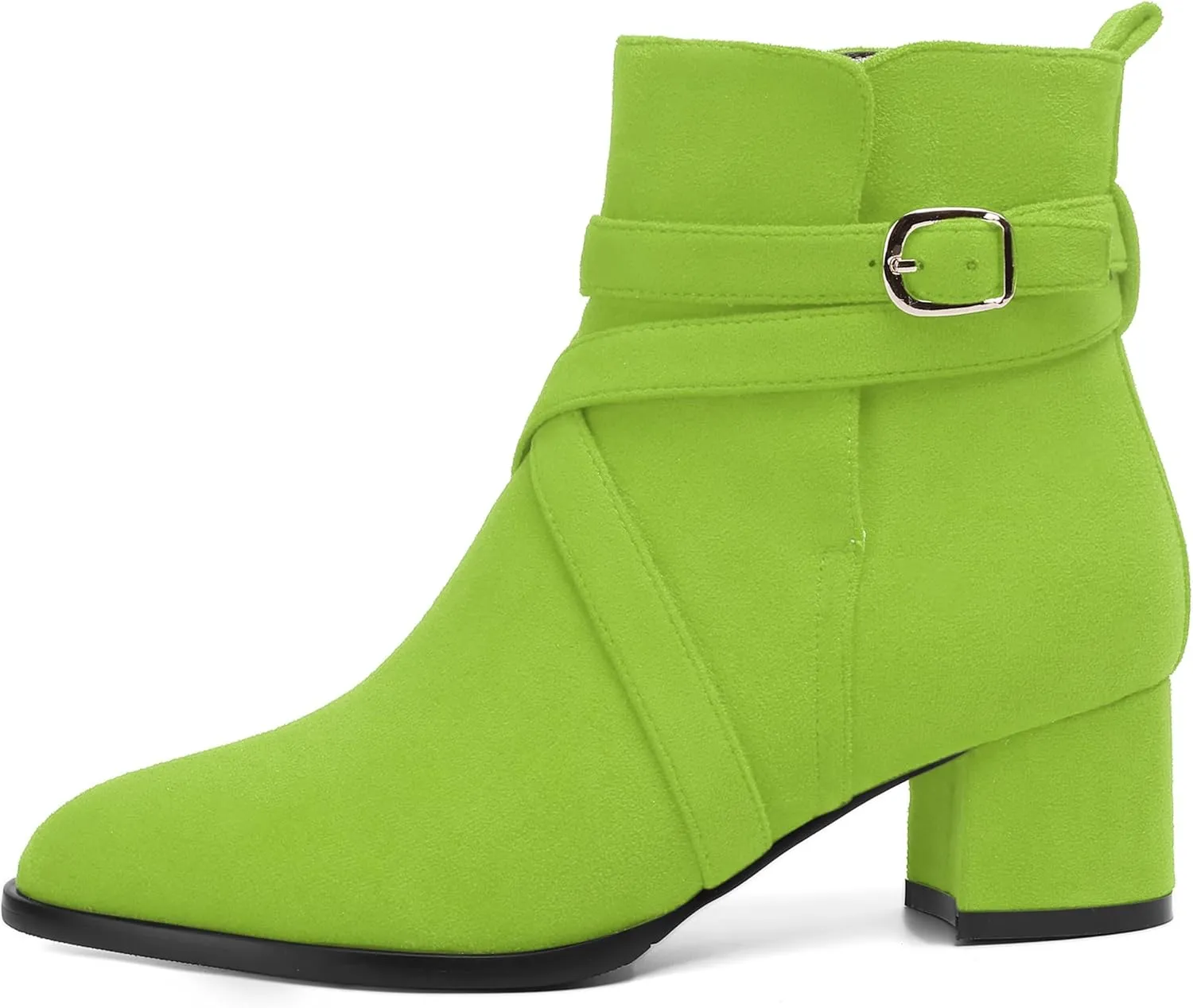 NUMALEO Womens Buckle Outdoor Suede Casual Round Toe Chunky Low Heel Ankle High Boots 2 Inch
