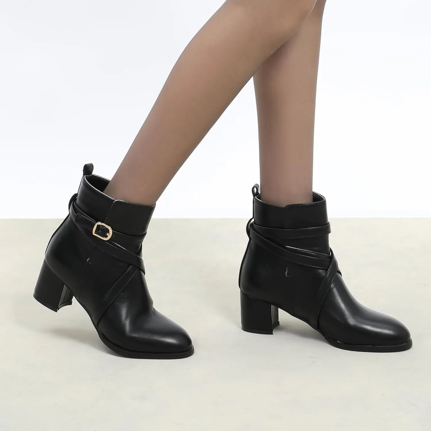 NUMALEO Womens Buckle Outdoor Suede Casual Round Toe Chunky Low Heel Ankle High Boots 2 Inch