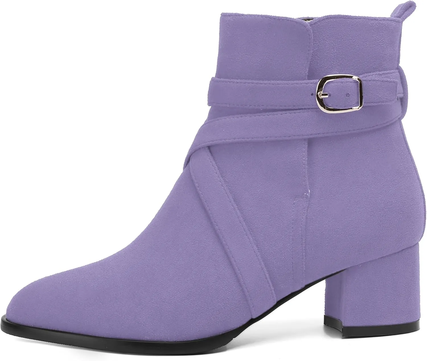NUMALEO Womens Buckle Outdoor Suede Casual Round Toe Chunky Low Heel Ankle High Boots 2 Inch