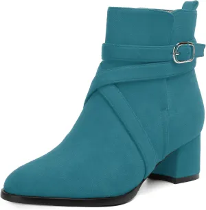 NUMALEO Womens Buckle Outdoor Suede Casual Round Toe Chunky Low Heel Ankle High Boots 2 Inch