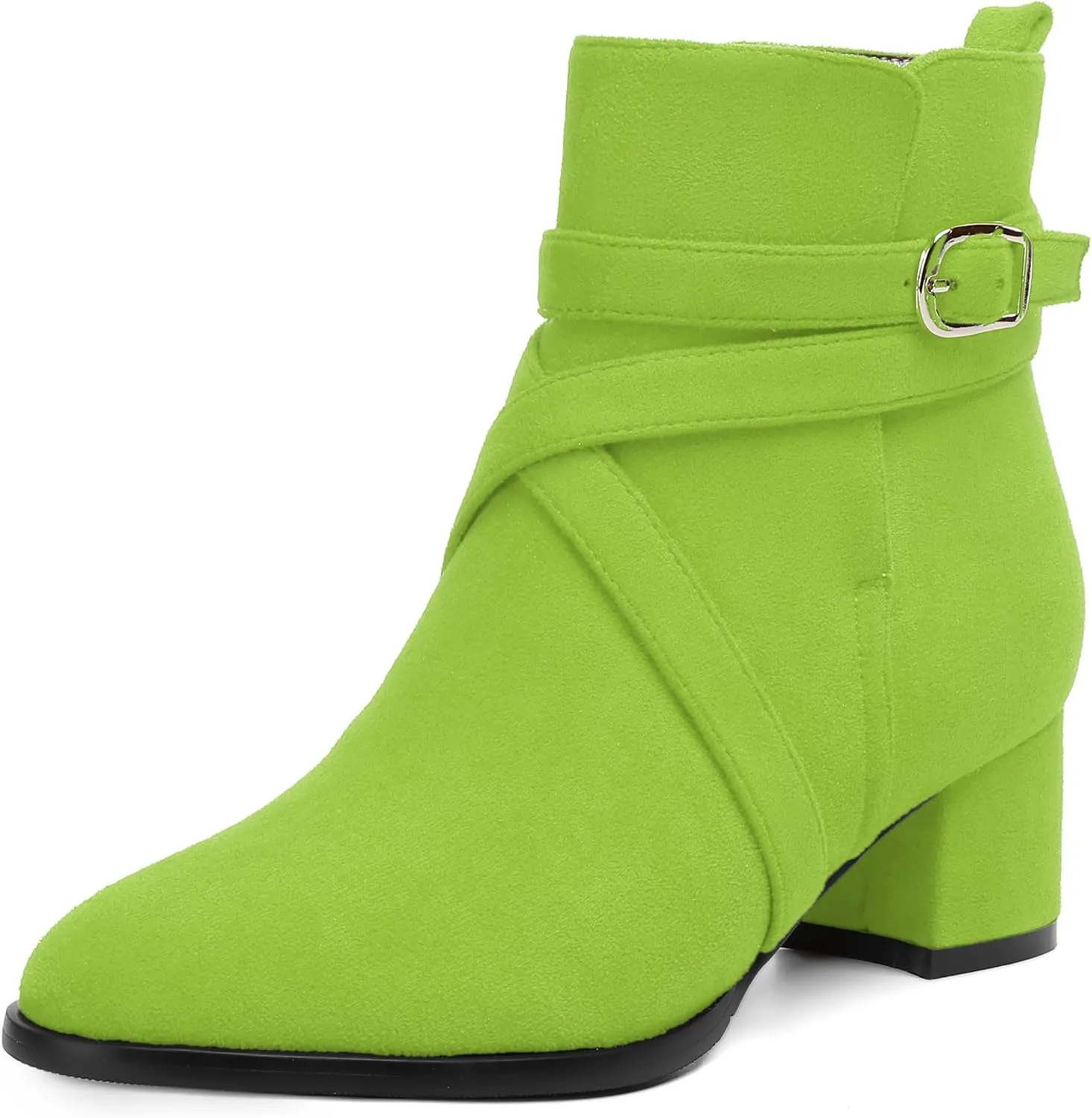 NUMALEO Womens Buckle Outdoor Suede Casual Round Toe Chunky Low Heel Ankle High Boots 2 Inch