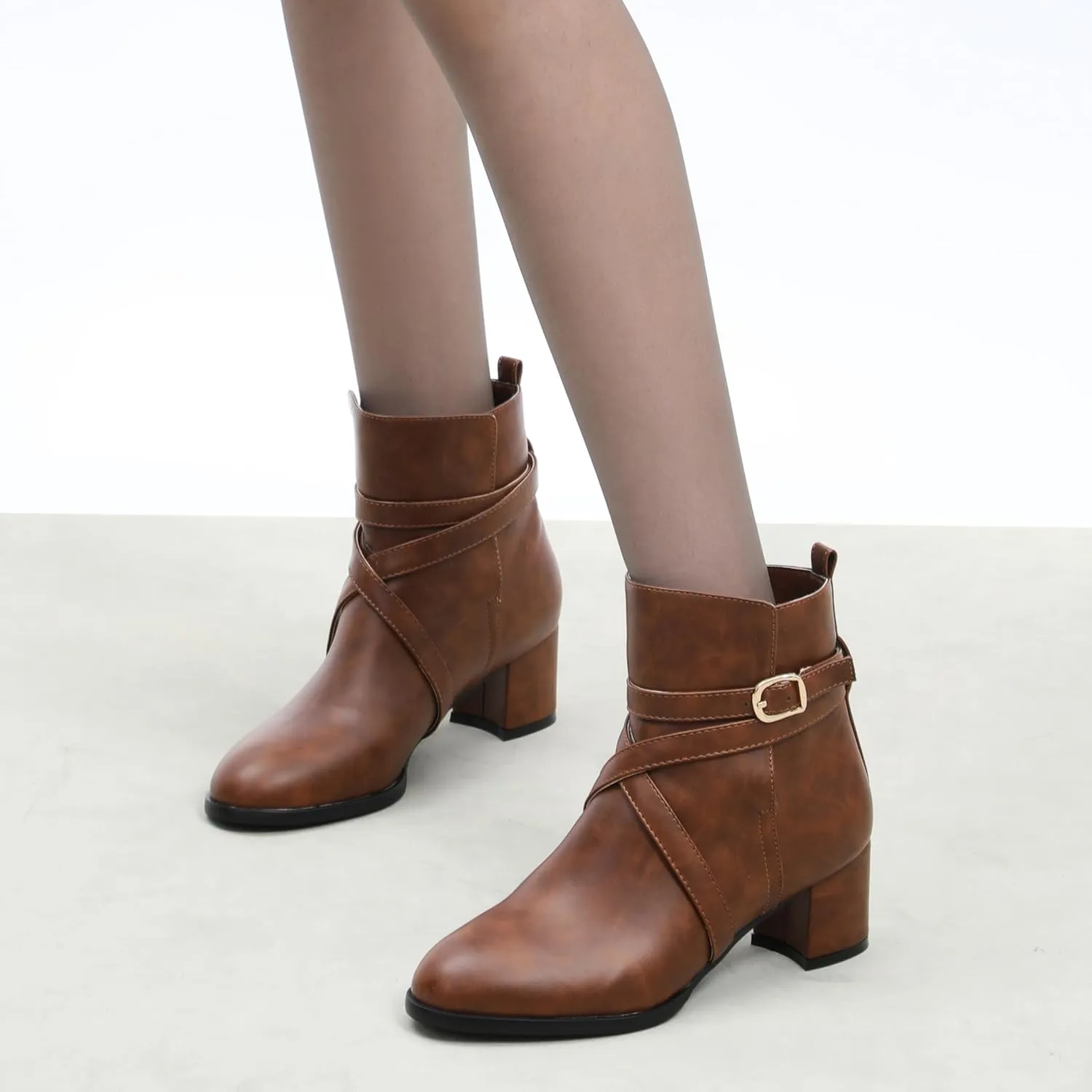 NUMALEO Womens Buckle Outdoor Suede Casual Round Toe Chunky Low Heel Ankle High Boots 2 Inch