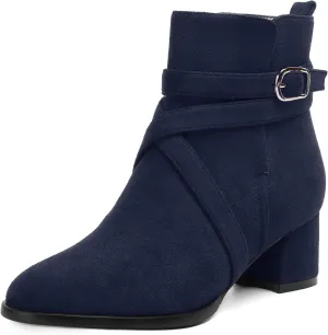 NUMALEO Womens Buckle Outdoor Suede Casual Round Toe Chunky Low Heel Ankle High Boots 2 Inch