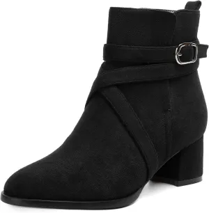 NUMALEO Womens Buckle Outdoor Suede Casual Round Toe Chunky Low Heel Ankle High Boots 2 Inch