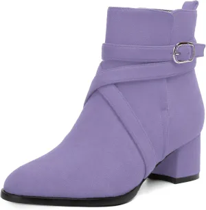 NUMALEO Womens Buckle Outdoor Suede Casual Round Toe Chunky Low Heel Ankle High Boots 2 Inch